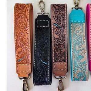 Hand Tooled Leather Wristlet Keychain Key Fob Chunky Tan